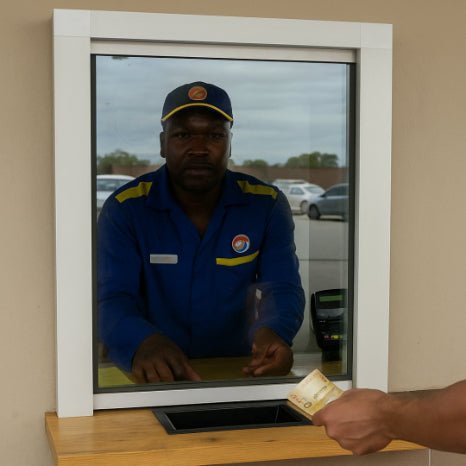 Petrol Station Night Pay Window - Wood Counter (38mm Glass) - Avansa Business Technologies
